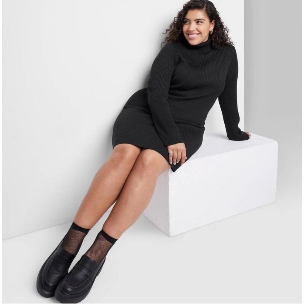 Women's‎ Long Sleeve Sweater Turtleneck Dress / Black / 1X